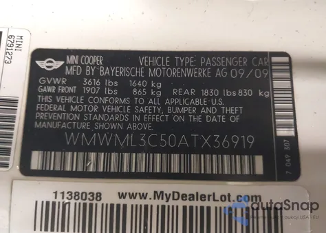 2010 Mini Cooper Clubman z USA, uszkodzony, nr VIN WMWML3C50ATX36919